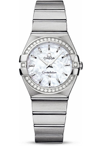 Omega Ladies Constellation Quartz Watch - 27 mm Brushed Steel Case - Diamond Bezel - Mother-Of-Pearl Dial - 123.15.27.60.05.001