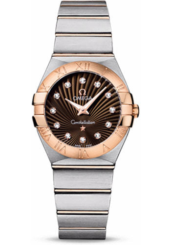 Omega Ladies Constellation Quartz Watch - 27 mm Brushed Steel And Red Gold Case - Brown Diamond Dial - 123.20.27.60.63.001