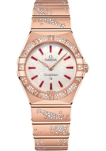 Omega Constellation Quartz - 28 mm Sedna Gold Case - Diamond Bezel - White Opal Ruby Dial - 131.55.28.60.99.003