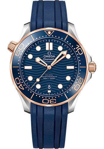 Omega Seamaster Diver 300M Co-Axial Master Chronometer Watch - 42 mm Steel And Sedna Gold Case - Unidirectional Bezel - Blue Ceramic Dial - Blue Rubber Strap - 210.22.42.20.03.002