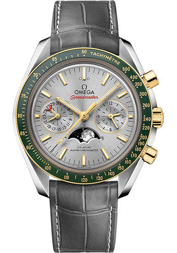 Omega Speedmaster Moonphase Master Chronometer Chronograph Watch - 44.25 mm Steel Case - Yellow Gold Bezel - Grey Diamond Dial - Grey Leather Strap - 304.23.44.52.06.001