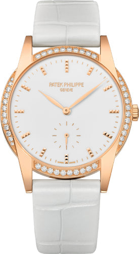 Patek Philippe Ladies Calatrava 33mm White Hobnail Index Diamond Bezel Rose Gold Leather - 7122-200R-001