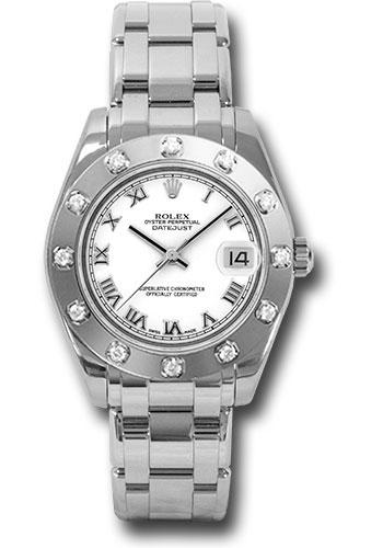 Rolex White Gold Datejust Pearlmaster 34 Watch - 12 Diamond Bezel - White Roman Dial - 81319 wr