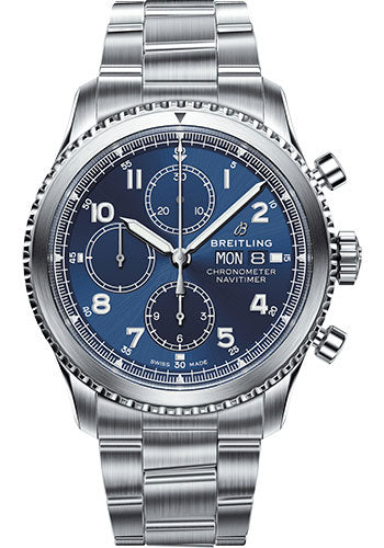 Breitling Aviator 8 Chronograph 43 Watch - Steel Case - Blue Dial - Steel Professional III Bracelet - A13314101C1A1