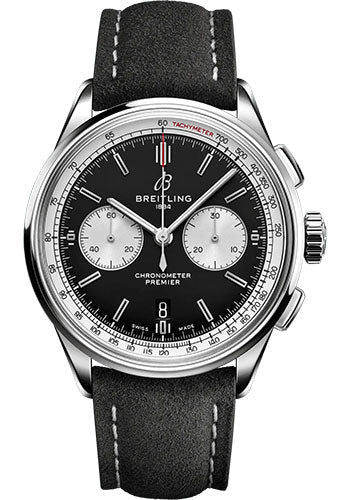 Breitling Premier B01 Chronograph 42 Watch - Stainless Steel - Black Dial - Anthracite Calfskin Leather Strap - Folding Buckle - AB0118371B1X1