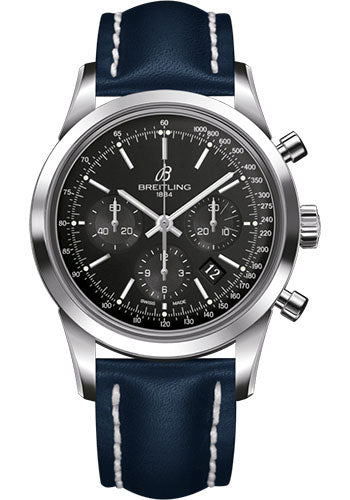 Breitling Transocean Chronograph Watch - Steel - Black Dial - Blue Leather Strap - Folding Buckle - AB015212/BA99/112X/A20D.1