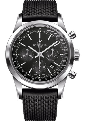 Breitling Transocean Chronograph Watch - Steel - Black Dial - Black Rubber Aero Classic Strap - Folding Buckle - AB015212/BA99/279S/A20D.2