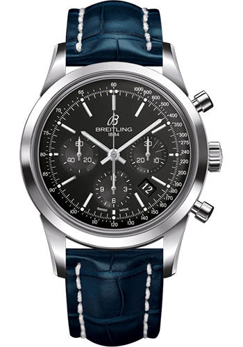 Breitling Transocean Chronograph Watch - Steel - Black Dial - Blue Croco Strap - Tang Buckle - AB015212/BA99/731P/A20BA.1