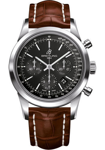 Breitling Transocean Chronograph Watch - Steel - Black Dial - Gold Croco Strap - Tang Buckle - AB015212/BA99/737P/A20BA.1