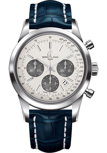 Breitling Transocean Chronograph Watch - Steel - Mercury Silver Dial - Blue Croco Strap - Folding Buckle - AB015212/G724/732P/A20D.1