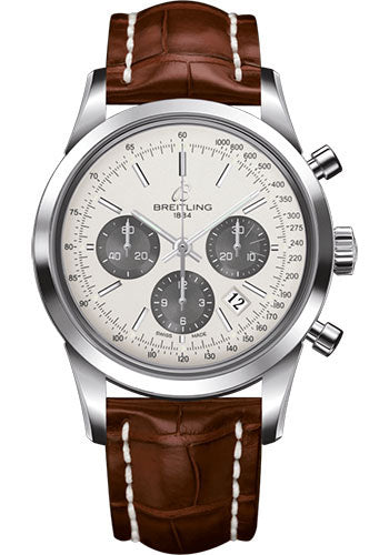 Breitling Transocean Chronograph Watch - Steel - Mercury Silver Dial - Gold Croco Strap - Tang Buckle - AB015212/G724/737P/A20BA.1