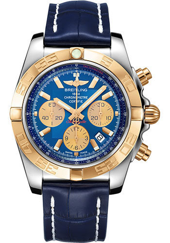 Breitling Chronomat 44 Watch - Steel & Gold - Metallica Blue Dial - Blue Alligator Strap - Tang Buckle - CB0110121C1P1