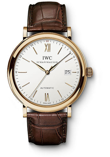 IWC Portofino Automatic Watch - 40 mm Red Gold Case - Silver Dial - Dark Brown Alligator Strap - IW356504