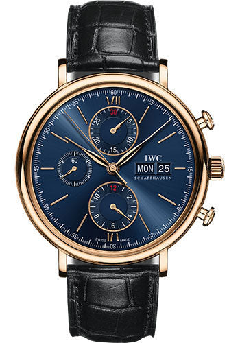 IWC Portofino Chronograph Watch - 42.0 mm 5N Gold Case - Blue Dial - Black Alligator Strap - IW391035