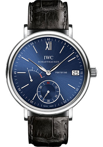 IWC Portofino Hand-Wound Eight Days Watch - 45 mm Stainless Steel Case - Blue Dial - Black Alligator Strap - IW510106