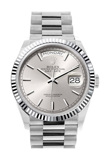 Rolex Day-Date 36 Silver Dial Fluted Bezel Platinum President Watch 128236