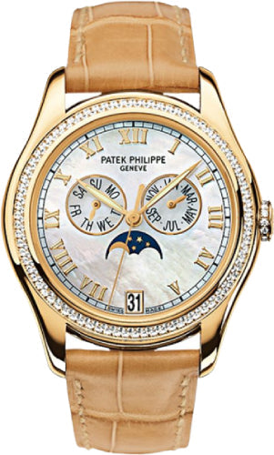 Patek Philippe Complications Ladies Annual Calendar Moon Phase White Mother of Pearl 37mm Roman Diamond Bezel Yellow Gold Leather Date | 4936J-001