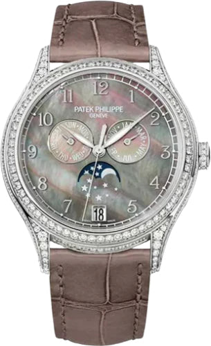 Patek Philippe Complications Ladies Annual Calendar Moon Phase 38mm Black Tahitian Mother of Pearl Arabic White Gold Diamond Set Leather Automatic | 4948G-001