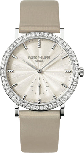 Patek Philippe Calatrava Ladies 31mm Cream Guillouche Diamond Bezel White Gold Leather Manual | 7120G-001