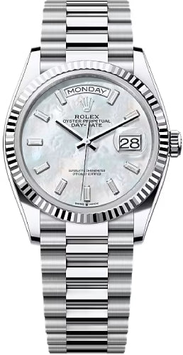 Rolex Day-Date 36 36mm White MOP Diamond-Set Dial Fluted Bezel President Bracelet - 128236