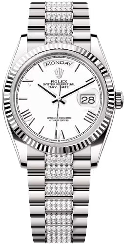 Rolex Day-Date 36 36mm White Roman Dial Fluted Bezel with Diamond-Set President Bracelet - 128239