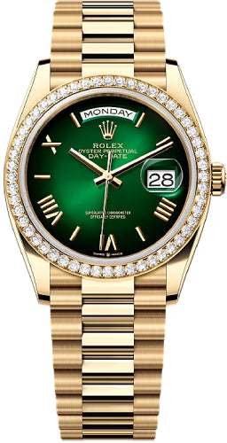 Rolex Day-Date 36 36mm Green Ombré Dial Diamond-Set Bezel President Bracelet - 128348RBR