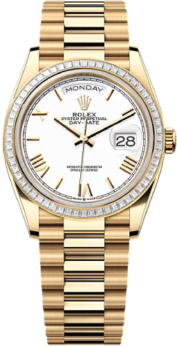 Rolex Day-Date 36 36mm White Roman Dial Diamond-Set Bezel President Bracelet - 128398TBR